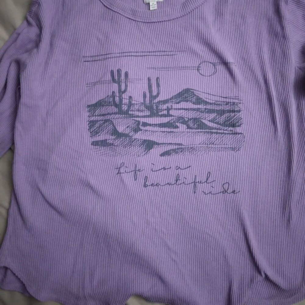 Purple Terra & sky waffle Henley knit shirt with desert and saying design
